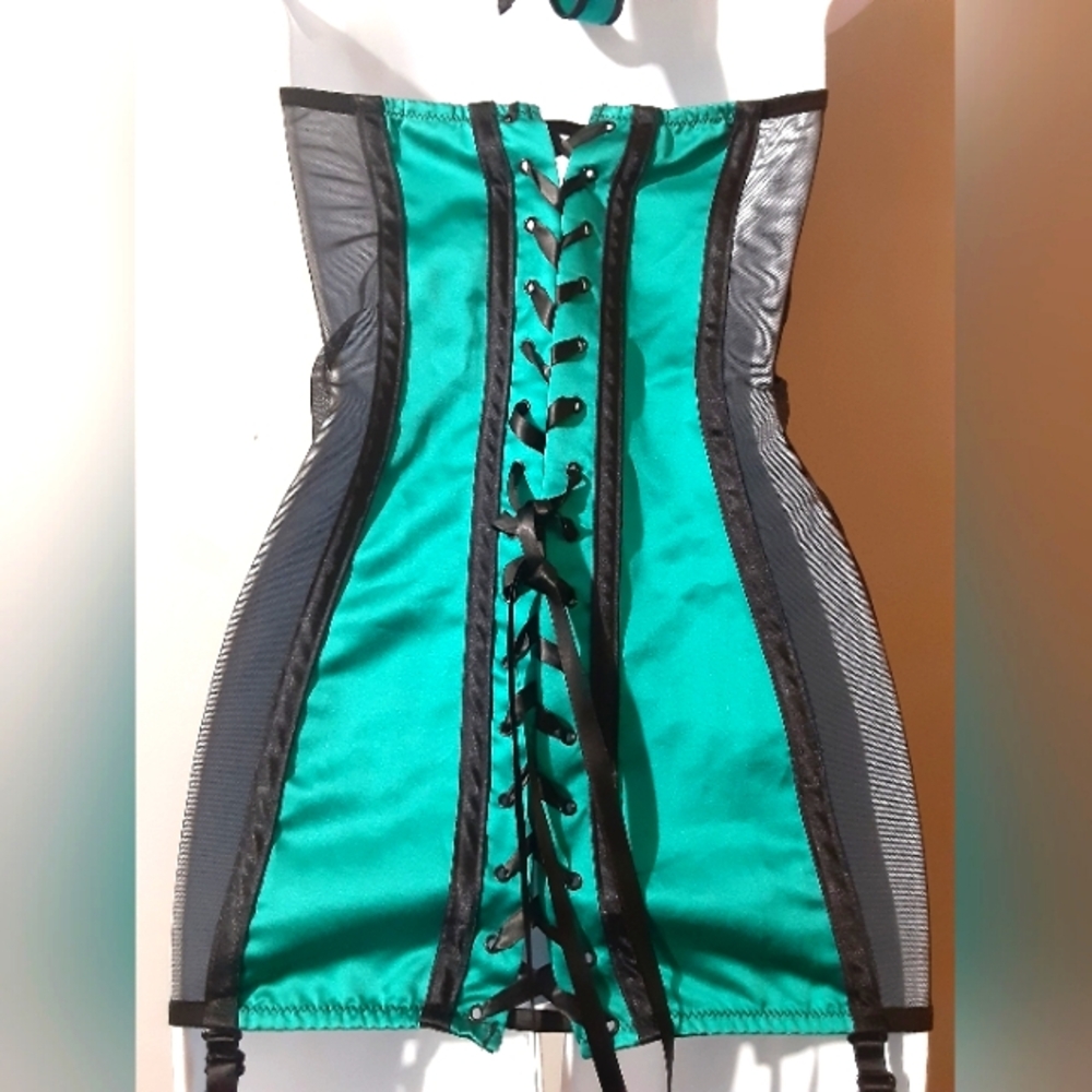 Lovers Lane Women's Lingerie Green Black Satin Lace Corsette Tie Up M Sexy - Picture 5 of 8